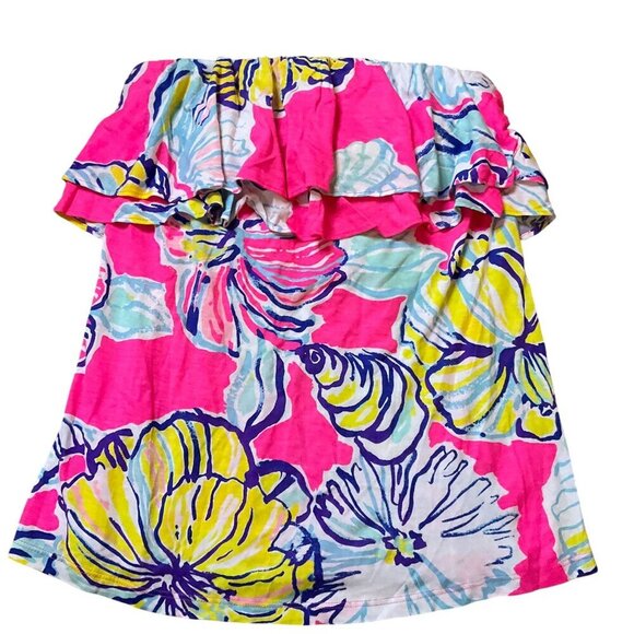 Lilly Pulitzer Strapless Floral Ruffle Rilo Tube Top Pink Cotton Blend - Picture 6 of 7